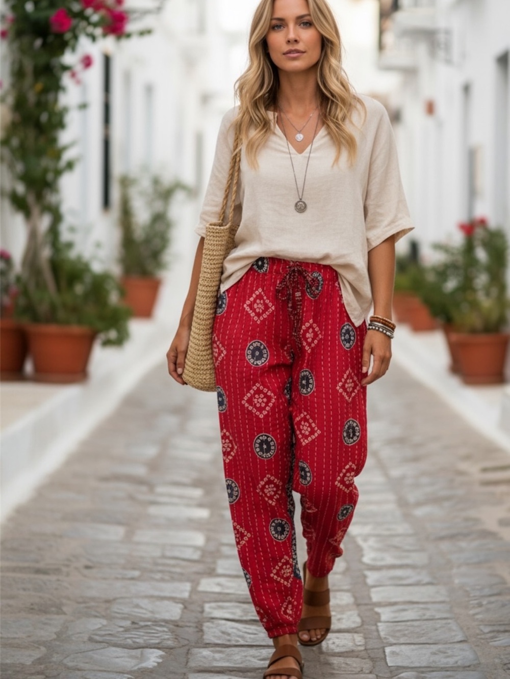 Women’s One Size Red Kantha Relaxed Drawstring Pants